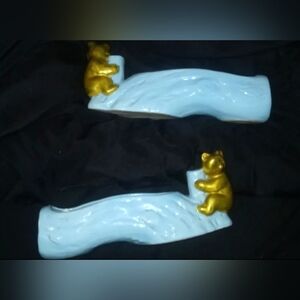 Rare Find Vintage From The 1960s Ceramic Blue Log Planter With a Gold Bear